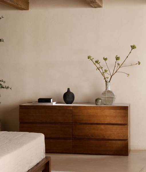 wooden dresser, bedroom dresser, chest of drawers, storage dresser, bedroom furniture, lifestyle, minimalist, calm, luxurious, neutral, brown